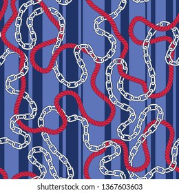 Intertwining Nautical Ropes, Chains and Stripes Vector Seamless Pattern. Trendy Red and Blue Marine Background
