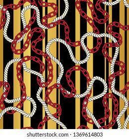 Intertwining Nautical Ropes, Chains, Stripes on Golden Background Vector Seamless Pattern. Resort Marine Background