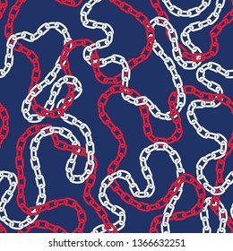 Intertwining Nautical White and Red Chains on Navy Background Vector Seamless Pattern. Trendy Marine Background