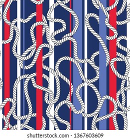 Intertwining Nautical White Ropes and Stripes Vector Seamless Pattern. Red and Blue Marine Background