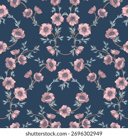 Entrelazando flores de color rosa sobre un fondo azul. Patrón sin fisuras.