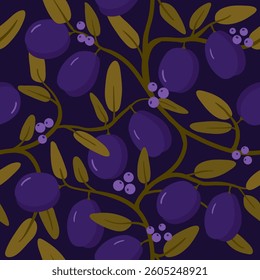 intertwining purple plums on a seamless pattern. Endless fruit and berry wallpapers. kitchen print with food