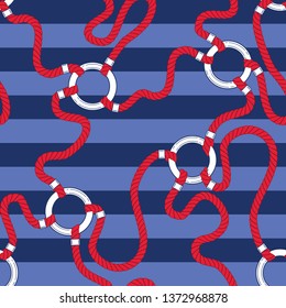 Intertwining Red Nautical Ropes and Chain Links on Striped Background Vector Seamless Pattern. Stripes Marine Print