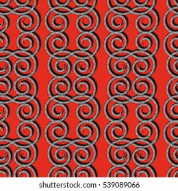 The intertwining of the tendril with a shadow on a bright red background. Seamless vector pattern.