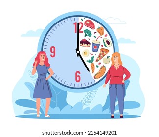 Interval fasting. Balanced diet for weight loss, thin and fat women stand near clock, meal schedule, time window for food eating, healthy lifestyle proper nutrition, vector cartoon flat concept