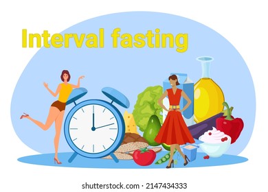 Interval fasting.The concept of proper nutrition, fasting and diet.Diet plan, fitness and sports activities.Vector illustration.