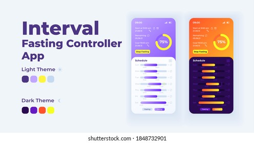 Interval fasting controller smartphone interface vector template set. Mobile app page light and dark theme design layout. Daily diet tracker screen. Flat UI for application. Phone display