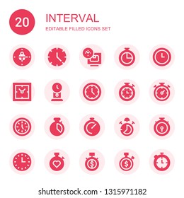 interval icon set. Collection of 20 filled interval icons included Clock, Time, Chronometer, Clocks, Wall clock, Stopwatch, Stop watch