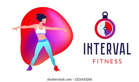 Interval training for women. High-intensity interval training workout. Sport timer, stopwatch flat icon. Fitness dance.