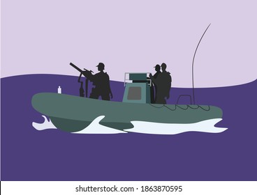 Intervención de la Marina de Estados Unidos. Imagen vectorial, barco armado de la Marina de Estados Unidos con 3 marineros a interceptar