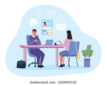 Interview 2 managers. HR recruitment, businessman interviewing salesman employee, job conversation or negotiation prepare question two manager in office table vector illustration of hr candidate