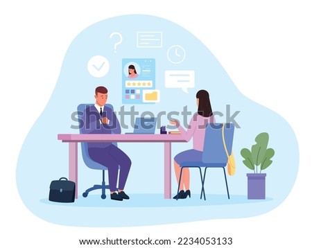 Interview 2 managers. HR recruitment, businessman interviewing salesman employee, job conversation or negotiation prepare question two manager in office table vector illustration of hr candidate