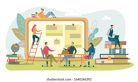 Interview with Applicant Flat Vector Illustration. Young Man Reading Books, Preparing for College Admission. Headhunters, HR Department Workers Checking Candidates Knowledge and Competence