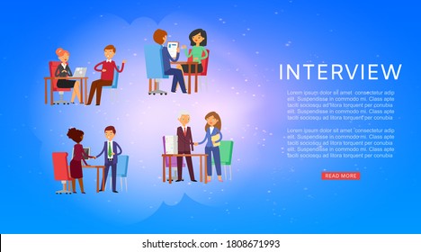 Interview, background information on banner, work with people, professional manager, design cartoon style vector illustration. Recruitment company, candidate resume, business career, personnel vacancy