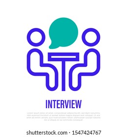 Interview or business meeting symbol. Thin line icon. Two people at desk are speaking. Brainstorming or briefing. Vector illustration.