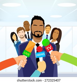 Interview Businessman Team Leader Hands with Microphones Flat Vector Illustration