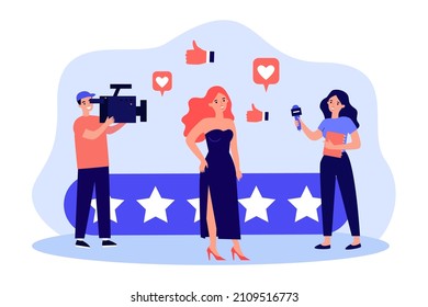 Interview by journalist holding microphone with famous star. Man and woman making reportage from show flat vector illustration. VIP, journalism concept for banner, website design or landing web page