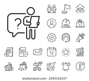 Interview candidate sign. Salaryman, gender equality and alert bell outline icons. Search employee line icon. Question mark symbol. Search employee line sign. Spy or profile placeholder icon. Vector