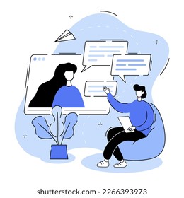 Interview the candidate via video link. Search for an HR employee. Dialogue between two people. Headhunter job, recruiting company vector cartoon.