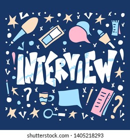 Interview card with lettering with decoration design element. Set of interview tools. Banner template with text and journalism symbols. Vector conceptual illustration.