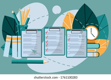 Interview. Checklist Concept. Hours, folders and stacks of books. Successful completion of business tasks. Recruitment process concept. Job search. Recruitment agency. ELECTIONS, list of candidates.