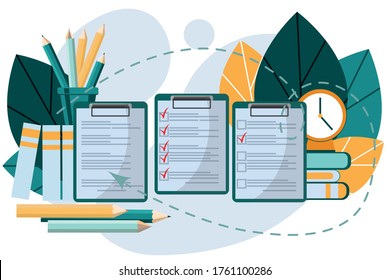 Interview. Checklist Concept. Hours, folders and stacks of books. Successful completion of business tasks. Recruitment process concept. Job search. Recruitment agency. ELECTIONS, list of candidates.