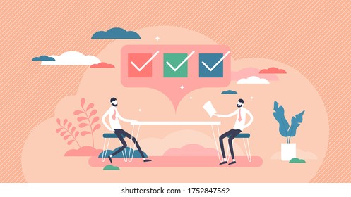 Interview checklist with questions and answers with flat tiny people, vector illustration concept. Communication method in media, press, journalism or recruitment agency. Symbolic checkbox with completed list