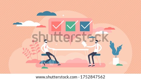 Interview checklist with questions and answers with flat tiny people, vector illustration concept. Communication method in media, press, journalism or recruitment agency. Symbolic checkbox with completed list