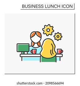 Interview color icon. Communication with potential worker. Coffee break. Workspace with laptop. Business lunch concept. Isolated vector illustration