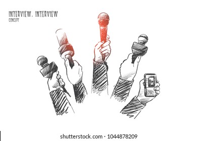 Interview concept. Hand drawn mother hands of reporters with a lot of microphones. Journalism and broadcasting concept isolated vector illustration.