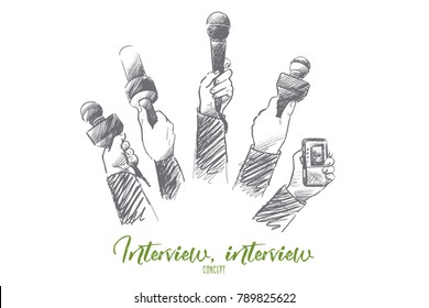 Interview concept. Hand drawn mother hands of reporters with a lot of microphones. Journalism and broadcasting concept isolated vector illustration.