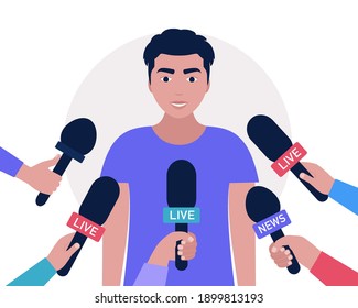 Concepto de entrevista. Hombre con micrófonos. Persona popular, presentadora, celebridad, política da comentarios y opiniones para noticias de último minuto, reportaje, programa de televisión. Ilustración vectorial en un estilo plano