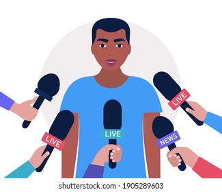 Interview concept. Man with microphones. Popular person, presenter, celebrity, political gives comments and opinions for breaking news, reportage, tv program. Vector illustration in a flat style