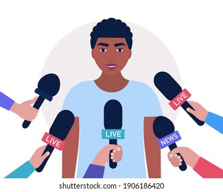 Interview concept. Man with microphones. Popular person, presenter, celebrity, political gives comments and opinions for breaking news, reportage, tv program. Vector illustration in a flat style