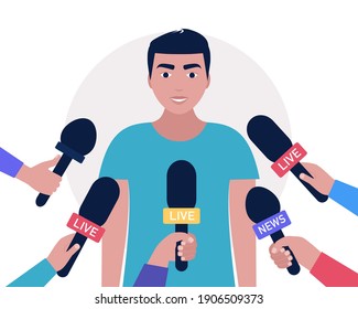 Interview-Konzept. Mann mit Mikrofonen. Beliebte Person, Moderatorin, Prominente, politische gibt Kommentare und Meinungen für die Verbreitung von Nachrichten, Reportage, TV-Programm. Vektorgrafik im Flachstil
