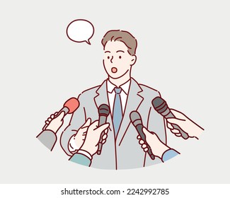 Interview concept. man with microphones. Popular person, presenter, celebrity, political gives comments and opinions for breaking tv news program report. Hand drawn style vector design illustrations.