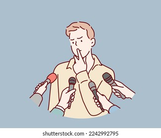 Interview concept. man with microphones. Popular person, presenter, celebrity, political gives comments and opinions for breaking tv news program report. Hand drawn style vector design illustrations.