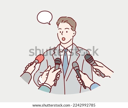 Interview concept. man with microphones. Popular person, presenter, celebrity, political gives comments and opinions for breaking tv news program report. Hand drawn style vector design illustrations.