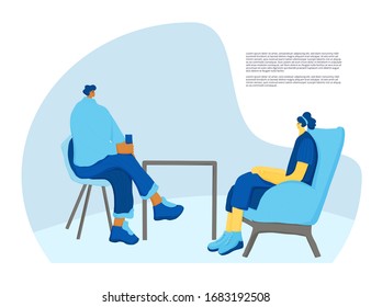 Interview concept. Mature and young persons sitting and talking about vacancy. Business people having a hr conversation. Vector illustration.