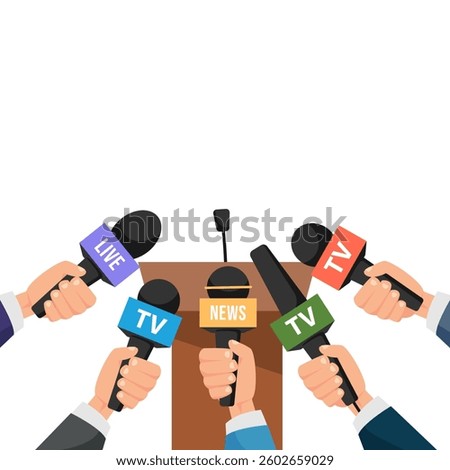 Interview concept with microphones isolated on white background. Newsmakers and interviewers tv concept. News media and broadcasting. Vector stock