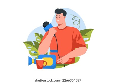 Interview concept with people scene in the flat cartoon design. Journalist is preparing to interview many famous people. Vector illustration.