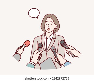 Interview concept. woman with microphones. Popular person, presenter,celebrity, political gives comments and opinions for breaking tv news program report. Hand drawn style vector design illustrations.