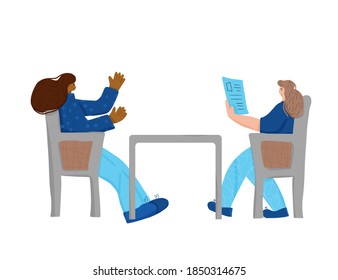Interview concept. Young female persons sitting in the chair and talking about vacancy. Attractive  women having a conversation. Vector flat illustration.