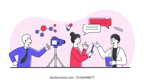 Interview with doctor. Girl asks questions to specialist on camera, video and social networks. Mass media and informing population, interviews and consultation. Cartoon flat vector illustration
