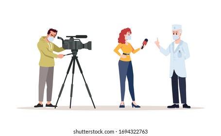 Interview With Doctor Semi Flat RGB Color Vector Illustration. Journalists And Physician In Surgical Masks Isolated Cartoon Characters On White Background. News About Coronavirus, Pandemic Outbreak