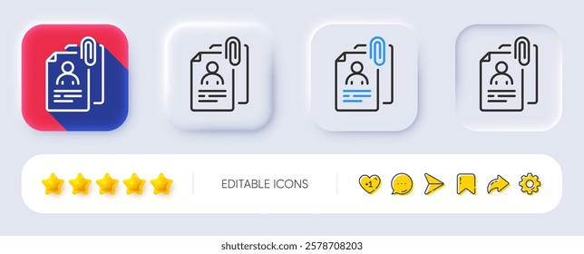 Interview documents line icon. Neumorphic, Flat shadow, 3d buttons. CV file attachment sign. Office hr symbol. Line interview documents icon. Social media icons. Vector