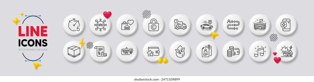 Interview documents, Musical note and Medical prescription line icons. White buttons 3d icons. Pack of Delivery box, Loyalty program, Car parking icon. Dao, Wallet, Timer pictogram. Vector