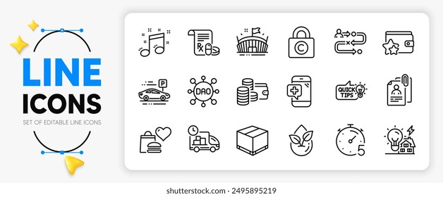 Interview documents, Musical note and Medical prescription line icons set for app include Delivery box, Loyalty program, Car parking outline thin icon. Dao, Wallet, Timer pictogram icon. Vector