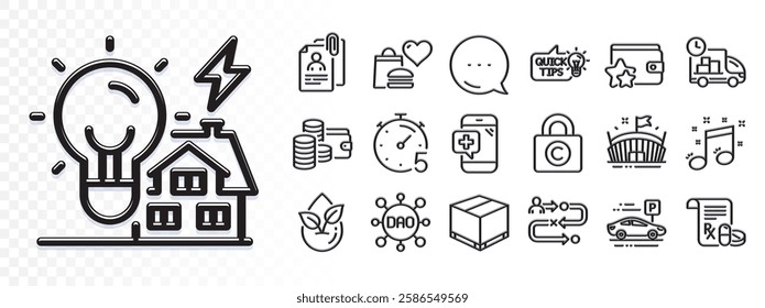 Interview documents, Musical note and Medical prescription line icons for web app. Glare of light effect. Message icon. Pack of Delivery box, Loyalty program, Car parking pictogram icons. Vector