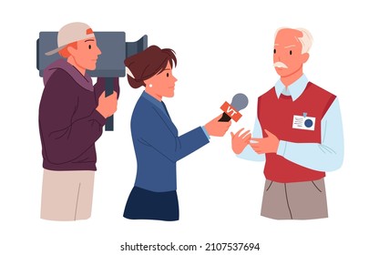 Interview Of Elderly Man By Team Of Journalist And Cameraman Vector Illustration. Cartoon Woman Reporter With Microphone And Videographer With Camera Recording Reportage For TV News Isolated On White